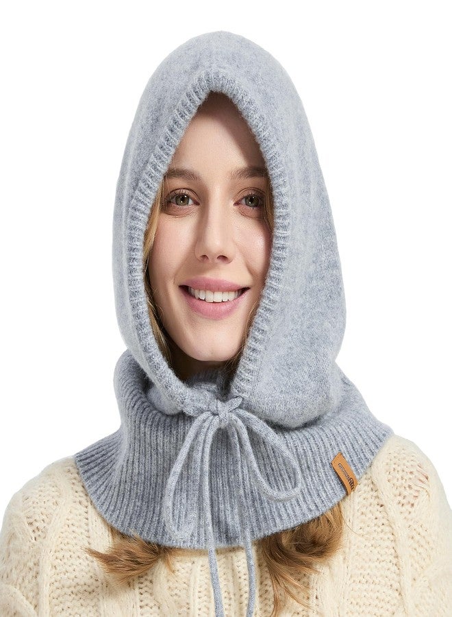 ACUSHLA 100% Merino Wool Balaclava for Women & Men Winter Warm Knit Hooded Scarf Hoodie Hat and Scarf Set in One, Light Grey - Image 1